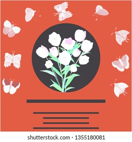 Tulip round flat frame with butterflies for text. Flat style clip with copy space. Greeting card, poster design element. Vector Illustration.