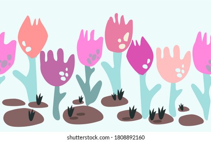 Tulip in a rows Repeating floral pattern Use for fabric , ribbons, summer decor, greeting cards, background wallpaper art.Orange, red, pinks colour flowers. Tulips day national. tulip season march.