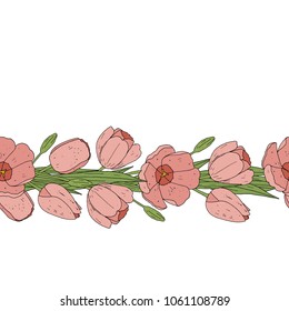Tulip  seamless pattern brush. Floral border. Vector flower line border. 