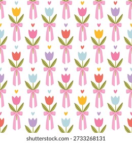 Tulip seamless pattern with colorful flowers, bows and hearts. Kawaii vector background for spring textile, packaging and stationery. Cute flirty silly cartoon style for stylish kids design