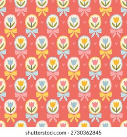 Tulip seamless pattern with cute flower portraits and hearts in frames and flirty bows on red background. Childish naive vector illustration for stylish textile and silly modern wallpaper design