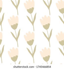 Tulip seamless pattern in doodle style on white background.Spring flower wallpaper. Floral backdrop.  Vector illustration