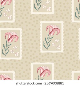 Tulip seamless pattern. Farmhouse modern flower in retro frame on dots endless background. Floral chintz repeat cover with wildflower motif. Vector hand drawn illustration.