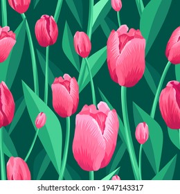 Tulip seamless pattern. Green, turquoise background and pink tulips with green leaves. Vector illustration, print, textile, pattern for printing. Floral pattern with pink flowers.