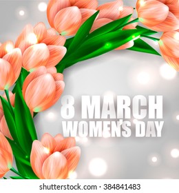 Tulip seamless pattern with lettering 8 March Women's Day Invitation Spring text with tulip flower. Vector illustration EPS10