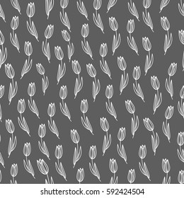 Tulip seamless pattern monochrome. Hand drawn vector spring wrapping paper. 