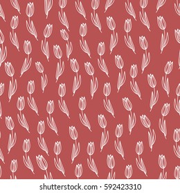 Tulip seamless pattern on red background. Hand drawn vector spring wrapping paper.