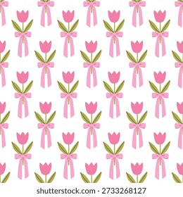 Tulip seamless pattern with pink bows on white background. Cute vector floral wallpaper for nursery textiles, stylish gift wrapping and stationery. Minimalist silly cartoon doodle style