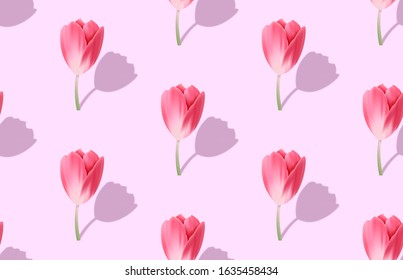 Tulip seamless pattern. Pink tulips with shadow on rose background. Modern floral design. Vector illustration