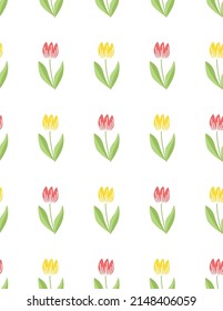 Tulipán. Patrón sin foco con flores rosadas y amarillas. Plano, cartografía, vector