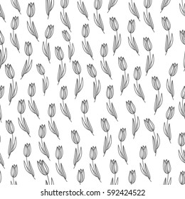 Tulip seamless pattern in sketch style. Hand drawn vector spring wrapping paper. Monochrome.