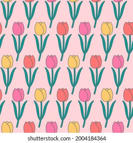 Tulip seamless pattern, three color tulip pattern on pink background 