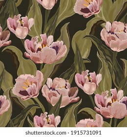 Tulip seamless vector pattern. Large pink flowers and green leaves on dark, black background. Square design for fabric, wallpaper, wrapping paper, invitation card.