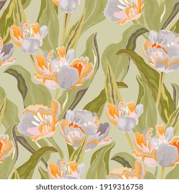 Tulip seamless vector pattern. Large orange flowers and green leaves on chartreuse color background. Square design for fabric, wallpaper, wrapping paper, invitation card.