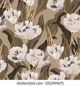 Tulip seamless vector pattern. Large beige flowers and brown leaves on sepia color background. Square design for fabric, wallpaper, wrapping paper, invitation card.