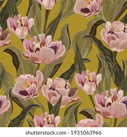 Tulip seamless vector pattern. Large flowers and green leaves on khaki color background. Square design for fabric, wallpaper, wrapping paper, invitation card.