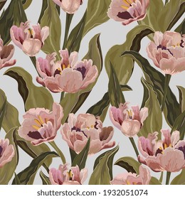 Tulip seamless vector pattern. Large flowers and green leaves on grey background. Square design for fabric, wallpaper, wrapping paper, invitation card.