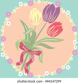 Tulip set three tone color with red bow in little flower circle shape frame vector
