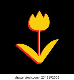 Tulip sign. 3D Extruded Yellow Icon with Red Sides a Black background. Illustration.