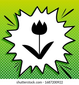 Tulip sign. Black Icon on white popart Splash at green background with white spots. Illustration.