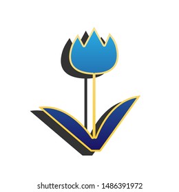 Tulip sign. Blue icon with gold contour with dark gray shadow at white background. Illustration.