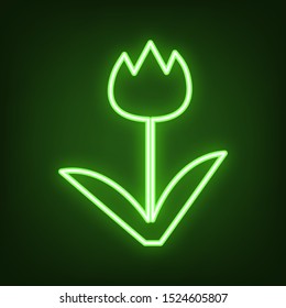 Tulip sign. Green neon icon in the dark. Blurred lightening. Illustration.