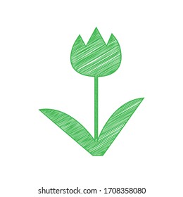 Tulip sign. Green scribble Icon with solid contour on white background. Illustration.