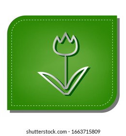 Tulip sign. Silver gradient line icon with dark green shadow at ecological patched green leaf. Illustration.