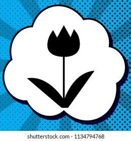 Tulip sign. Vector. Black icon in bubble on blue pop-art background with rays.