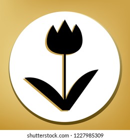 Tulip sign. Vector. Black icon with light brown shadow in white circle with shaped ring at golden background.