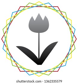 Tulip sign. Vector. Black icon with patch of light inside colorful hexagonal frames at white background.