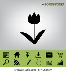 Tulip sign. Vector. Black icon at gray background with bonus icons