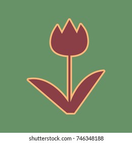 Tulip sign. Vector. Cordovan icon and mellow apricot halo with light khaki filled space at russian green background.