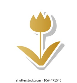 Tulip sign. Vector. Golden gradient icon with white contour and rotated gray shadow at white background.