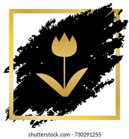 Tulip sign. Vector. Golden icon at black spot inside golden frame on white background.