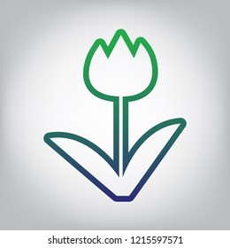 Tulip sign. Vector. Green to blue gradient contour icon at grayish background with light in center.
