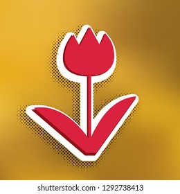 Tulip sign. Vector. Magenta icon with darker shadow, white sticker and black popart shadow on golden background.