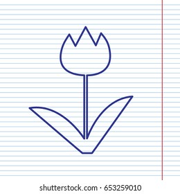 Tulip sign. Vector. Navy line icon on notebook paper as background with red line for field.