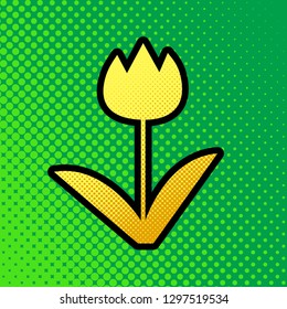 Tulip sign. Vector. Pop art orange to yellow dots-gradient icon with black contour at greenish background.
