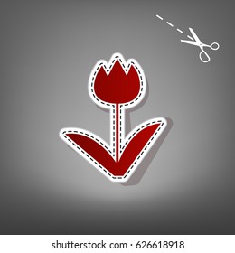 Tulip sign. Vector. Red icon with for applique from paper with shadow on gray background with scissors.