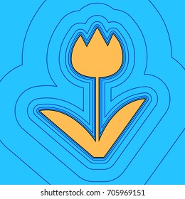 Tulip sign. Vector. Sand color icon with black contour and equidistant blue contours like field at sky blue background. Like waves on map - island in ocean or sea.