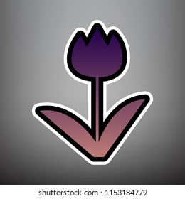 Tulip sign. Vector. Violet gradient icon with black and white linear edges at gray background.