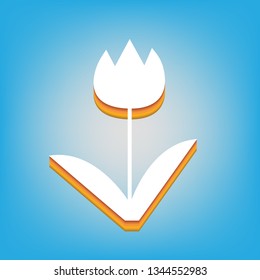 Tulip sign. Vector. White icon with 3d warm-colored gradient body at sky blue background.