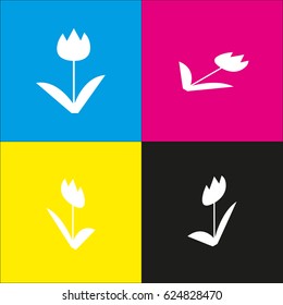 Tulip sign. Vector. White icon with isometric projections on cyan, magenta, yellow and black backgrounds.