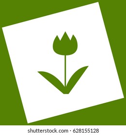 Tulip sign. Vector. White icon obtained as a result of subtraction rotated square and path. Avocado background.