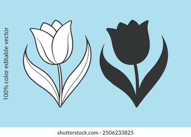 Icono de logotipo de diseño de arte de Ilustración vectorial de silueta de tulipán. Icono gráfico plano de flor de símbolo. Dibujo de la mano del arte de la línea. Estilo del Vector de la silueta del icono del logotipo del tulipán con el fondo blanco.