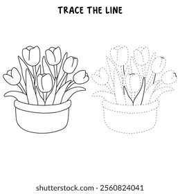 Tulip spring flowers clipart vector. Spring garden tulip flowers. Tulip flower coloring pages spring worksheets printable for kids, Kindergarten and preschool. Trace and color tulip flower worksheets.