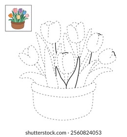 Tulip spring flowers clipart vector. Spring garden tulip flowers. Tulip flower coloring pages spring worksheets printable for kids, Kindergarten and preschool. Trace and color tulip flower worksheets.