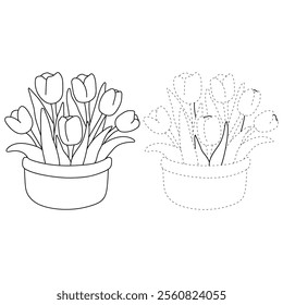 Tulip spring flowers clipart vector. Spring garden tulip flowers. Tulip flower coloring pages spring worksheets printable for kids, Kindergarten and preschool. Trace and color tulip flower worksheets.
