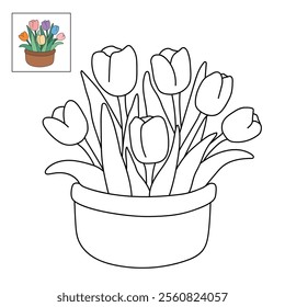 Tulip spring flowers clipart vector. Spring garden tulip flowers. Tulip flower coloring pages spring worksheets printable for kids, Kindergarten and preschool. Trace and color tulip flower worksheets.